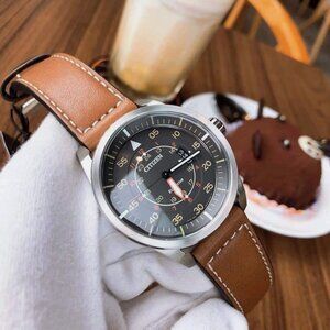 Citizen Mens 45mm Gray Face Dial Leather Brown Watch